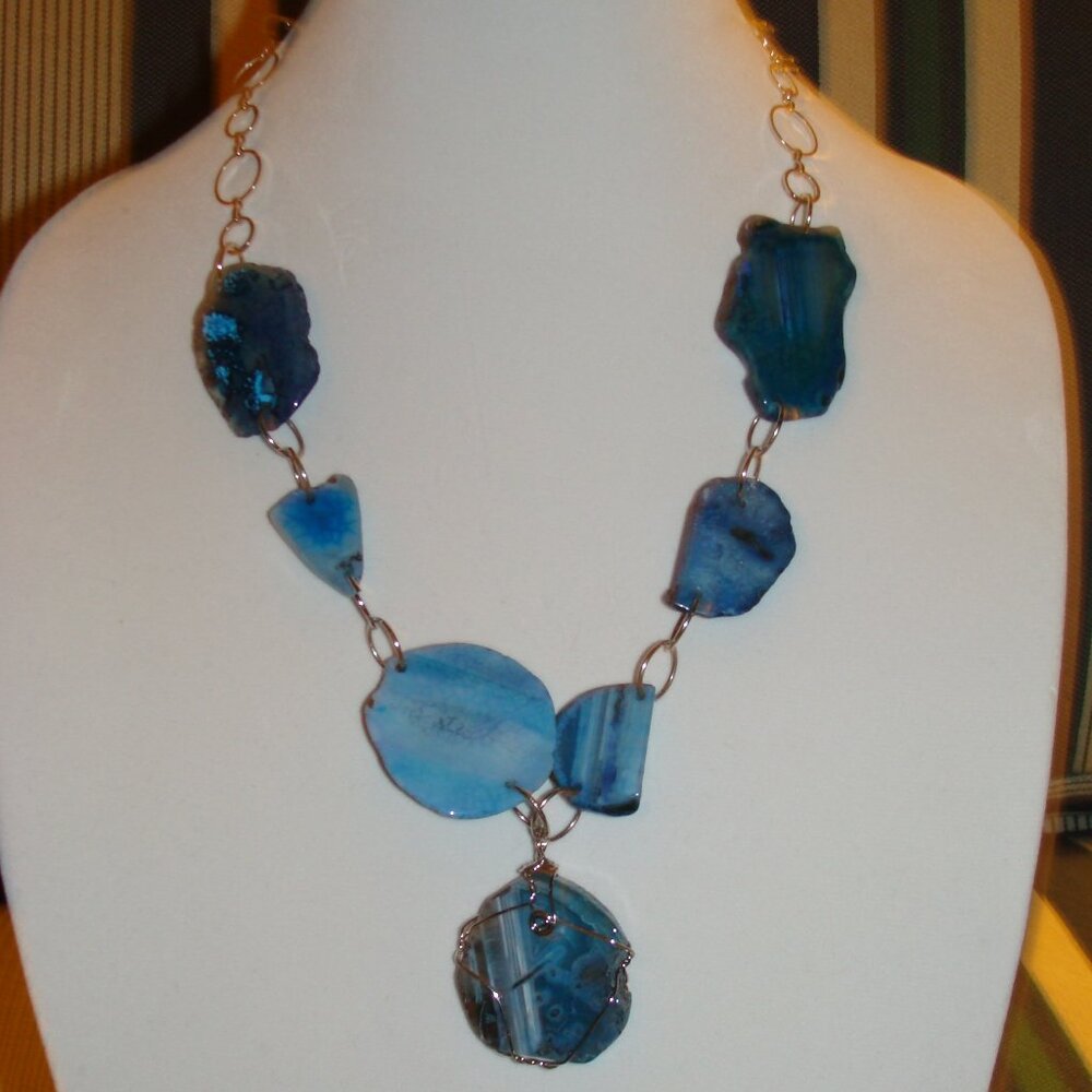 Custom Jewelry, Large Blue Agate Stone Pendant with Flat Broken Accent Stones